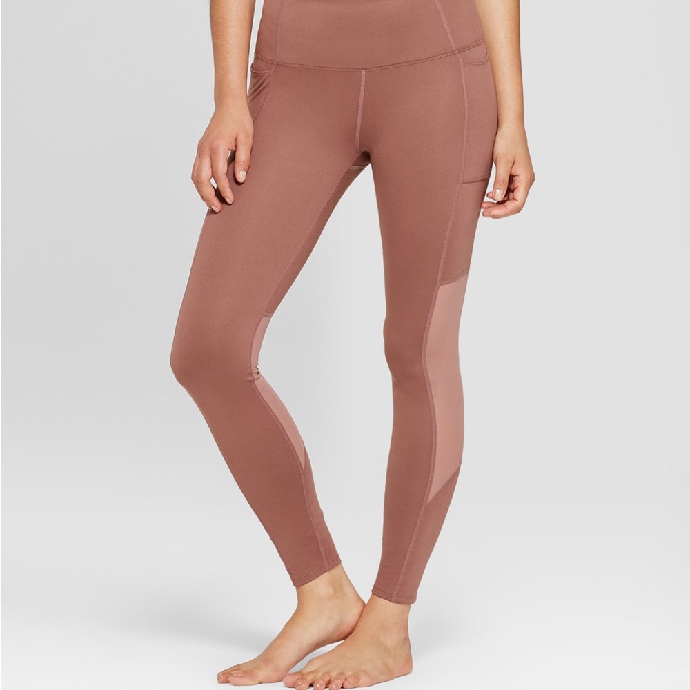 JoyLab Taupe Athletic Leggings Yoga Pants Mesh Accent Pull On Shapewear Sz large